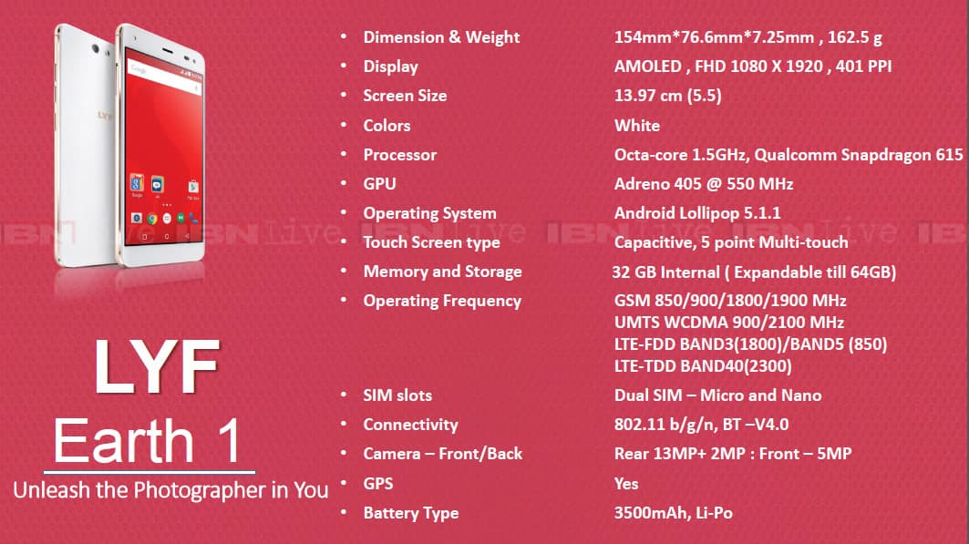 reliance-Lyf-earth-1-specifications